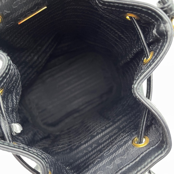 Prada 2Way Bucket Bag Black Gold Nero Pouch Jacquard Canvas Leather Handbag - Picture 5 of 12